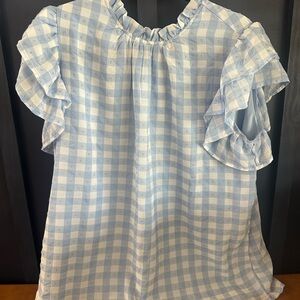 Blue Gingham Ruffle Sleeve Blouse